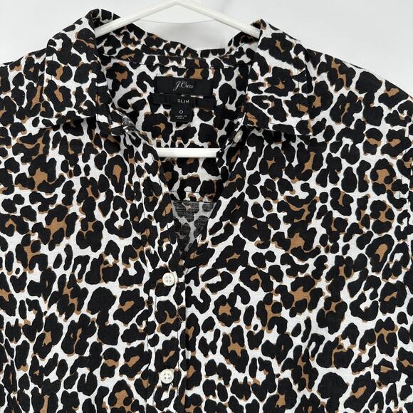 J Crew Shirt Womens 0 Leopard Print Linen Cotton Button Front Slim Preppy - Picture 2 of 10
